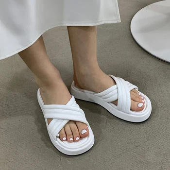 Kórejský Dámske Tangá Flip Flops Cross Band Papuče Žena Znásobí Soled Sandále, Topánky Platformu 2022 Dovolenku Listov Pláži Sandalia
